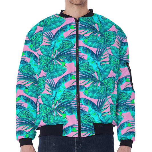 Pink Teal Tropical Leaf Pattern Print Zip Sleeve Bomber Jacket