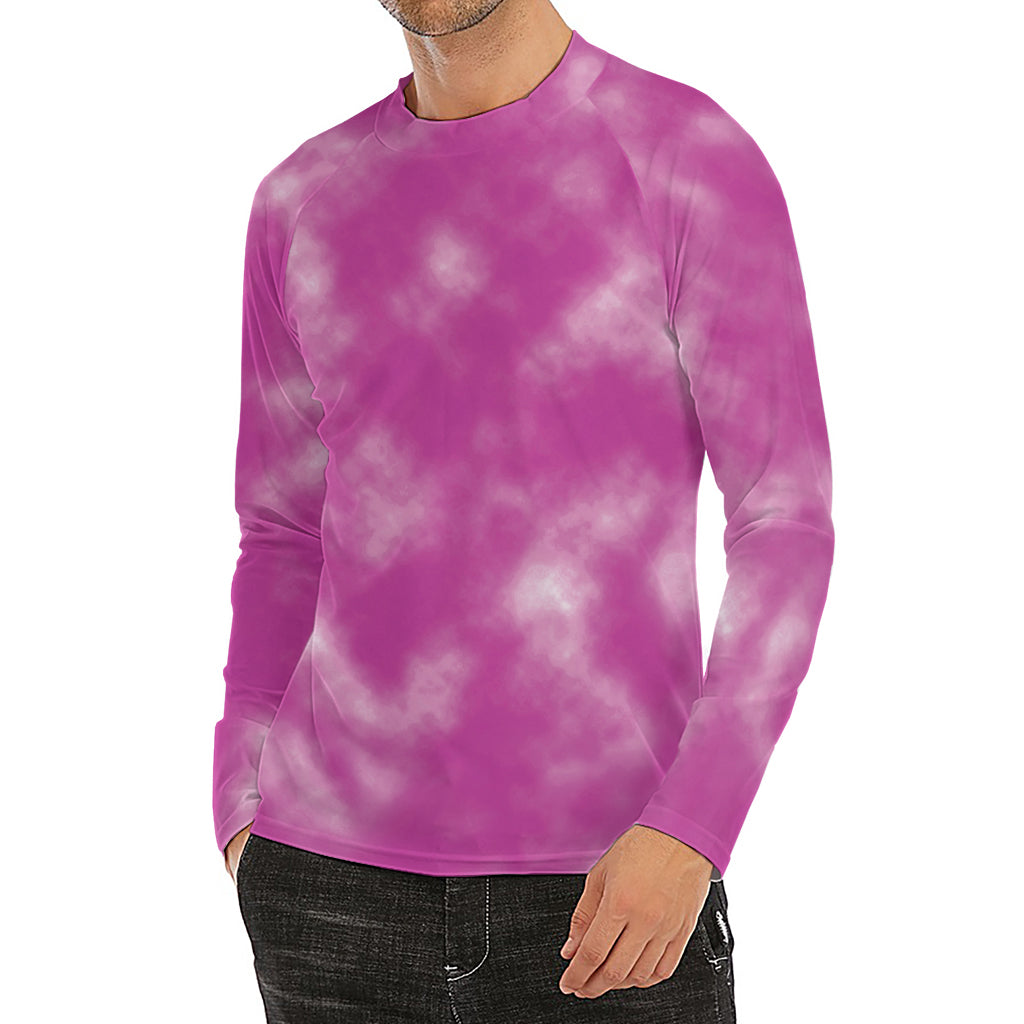 Pink Tie Dye Print Men's Long Sleeve Rash Guard