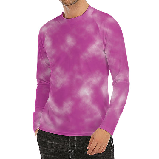 Pink Tie Dye Print Men's Long Sleeve Rash Guard