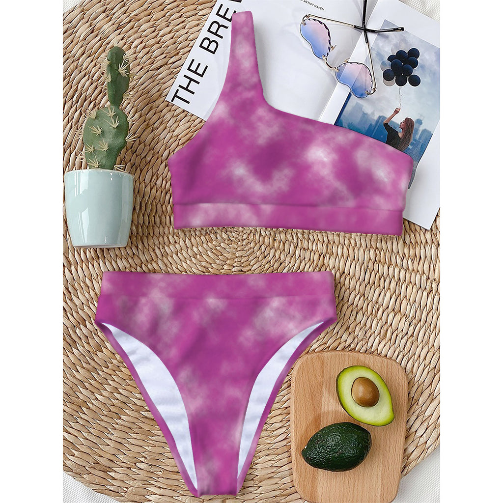 Pink Tie Dye Print One Shoulder Bikini Top