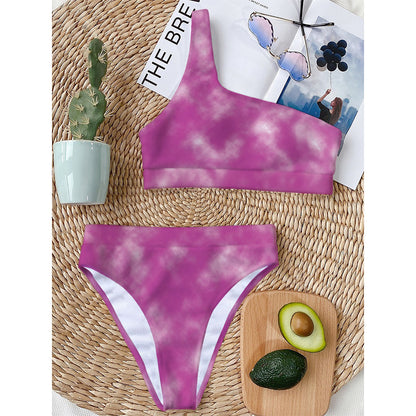 Pink Tie Dye Print One Shoulder Bikini Top