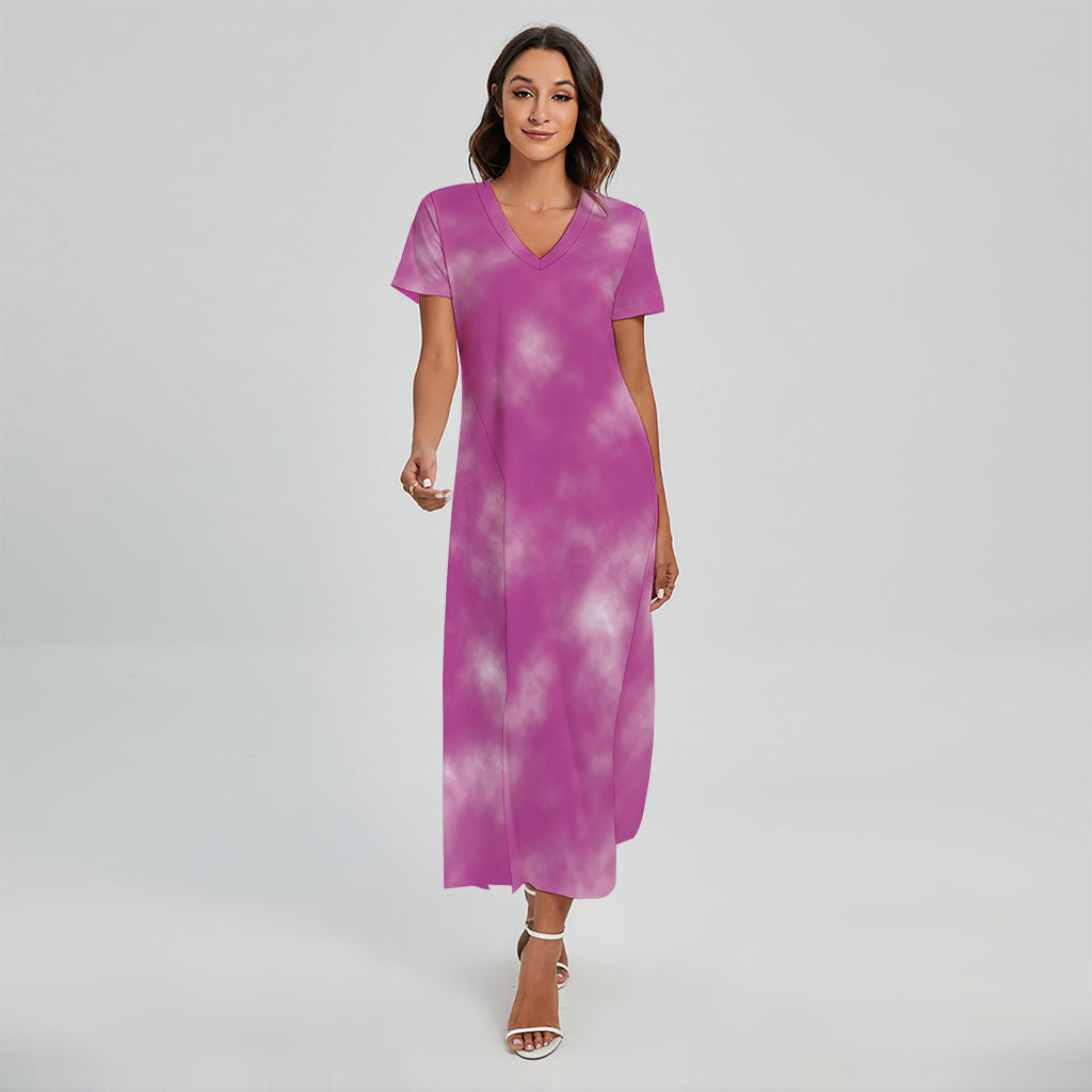 Pink Tie Dye Print Short Sleeve Maxi Dress