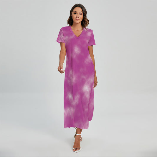 Pink Tie Dye Print Short Sleeve Maxi Dress