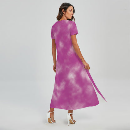 Pink Tie Dye Print Short Sleeve Maxi Dress