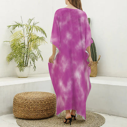 Pink Tie Dye Print Silk V-Neck Kaftan Dress