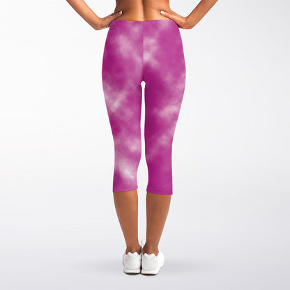 Pink Tie Dye Print Women's Capri Leggings