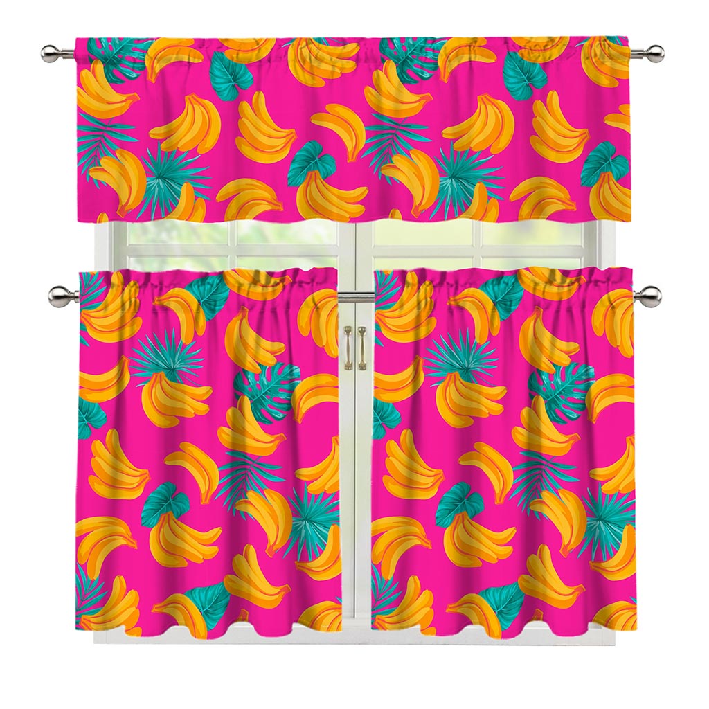 Pink Tropical Banana Pattern Print 3 Piece Kitchen Curtains