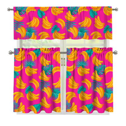 Pink Tropical Banana Pattern Print 3 Piece Kitchen Curtains