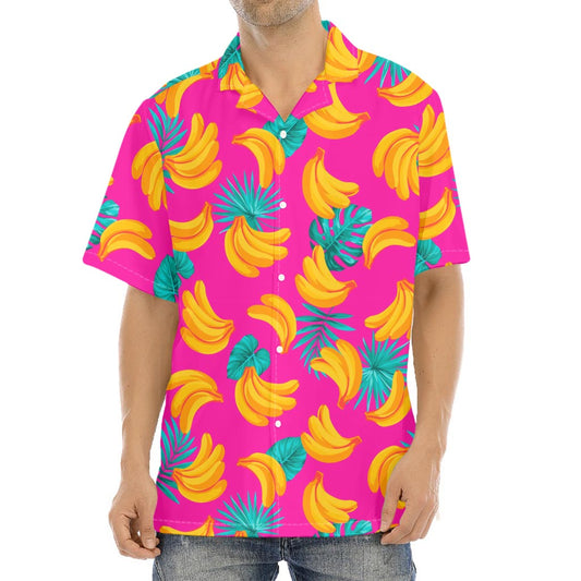 Pink Tropical Banana Pattern Print Aloha Shirt