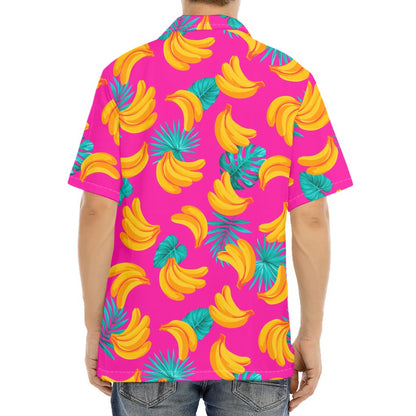 Pink Tropical Banana Pattern Print Aloha Shirt