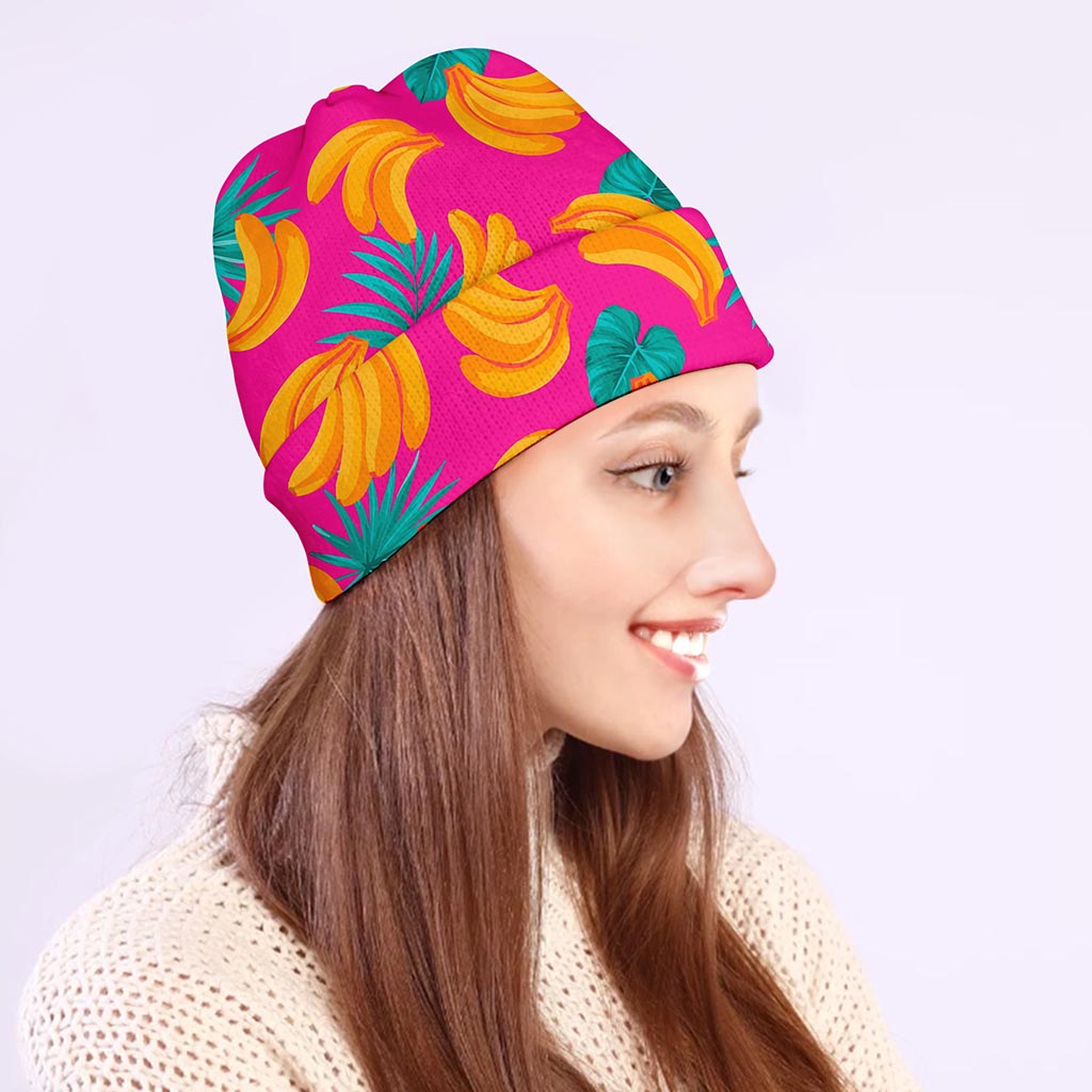 Pink Tropical Banana Pattern Print Beanie
