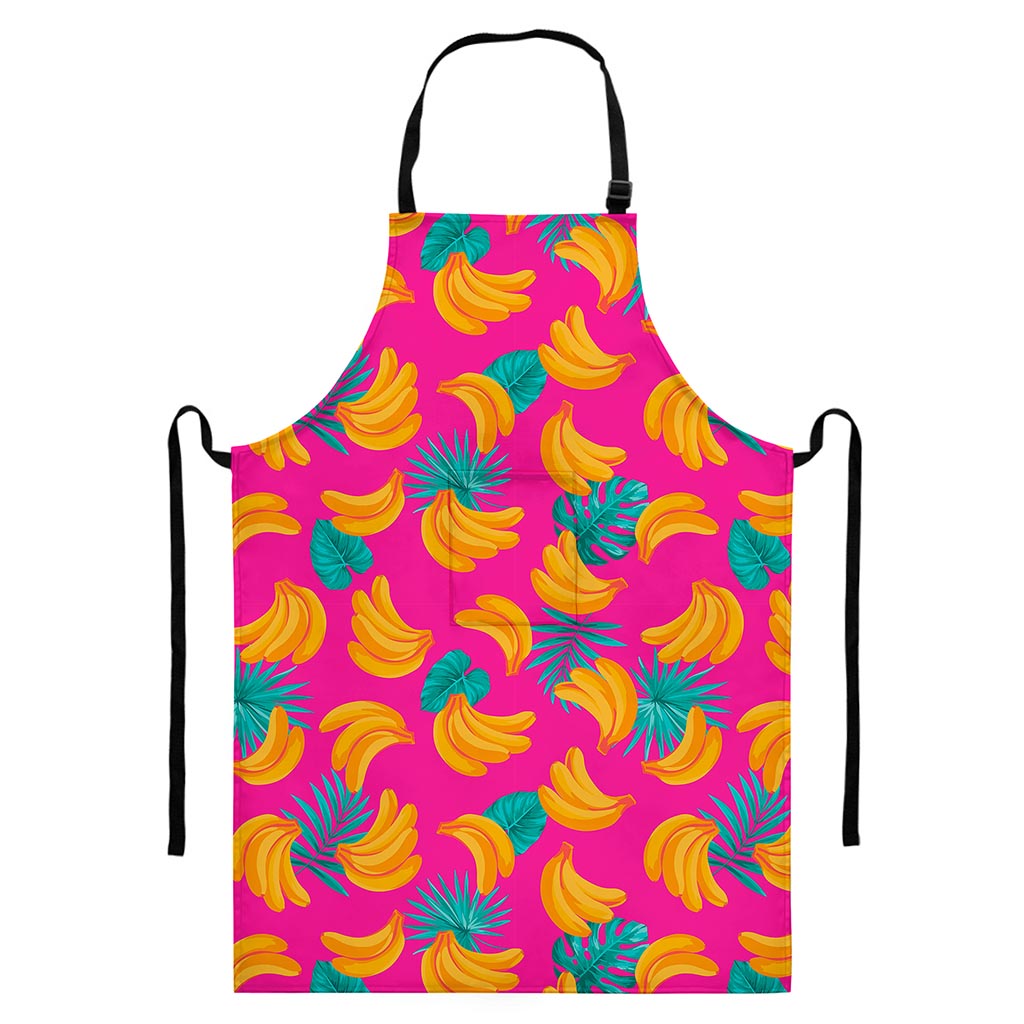 Pink Tropical Banana Pattern Print Bib Apron With Pocket