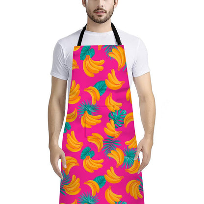 Pink Tropical Banana Pattern Print Bib Apron With Pocket