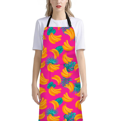 Pink Tropical Banana Pattern Print Bib Apron With Pocket