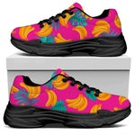 Pink Tropical Banana Pattern Print Black Chunky Shoes