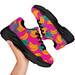 Pink Tropical Banana Pattern Print Black Chunky Shoes