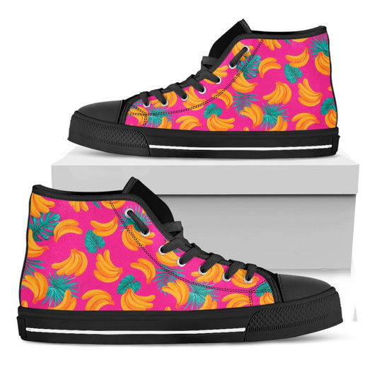 Pink Tropical Banana Pattern Print Black High Top Sneakers
