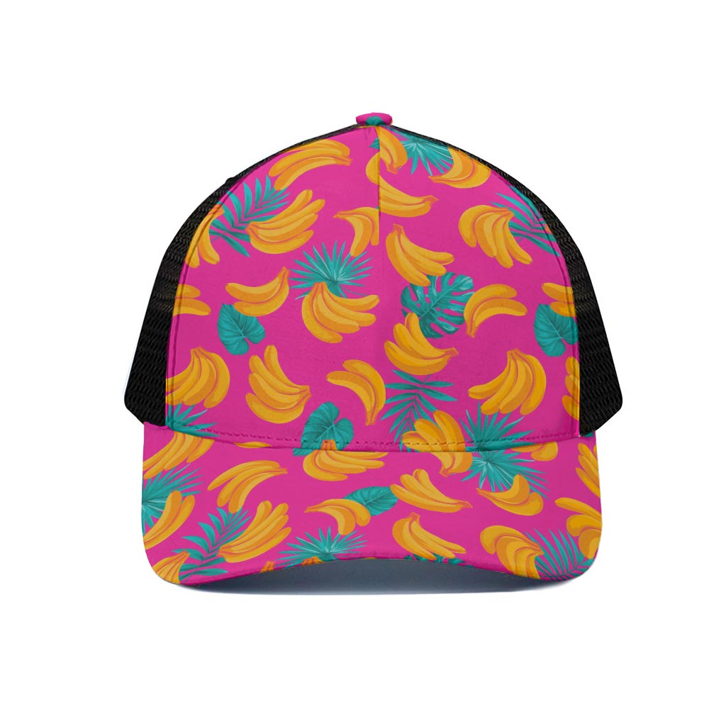 Pink Tropical Banana Pattern Print Black Mesh Trucker Cap