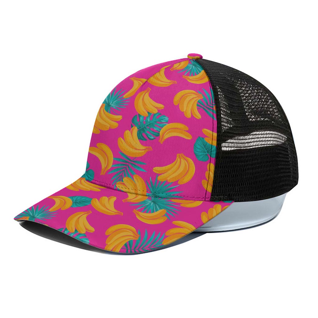 Pink Tropical Banana Pattern Print Black Mesh Trucker Cap