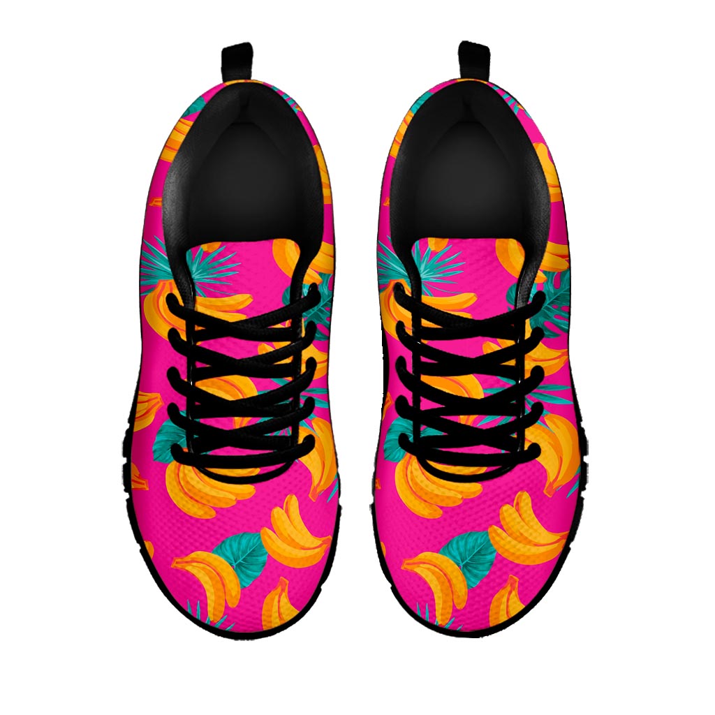 Pink Tropical Banana Pattern Print Black Running Shoes