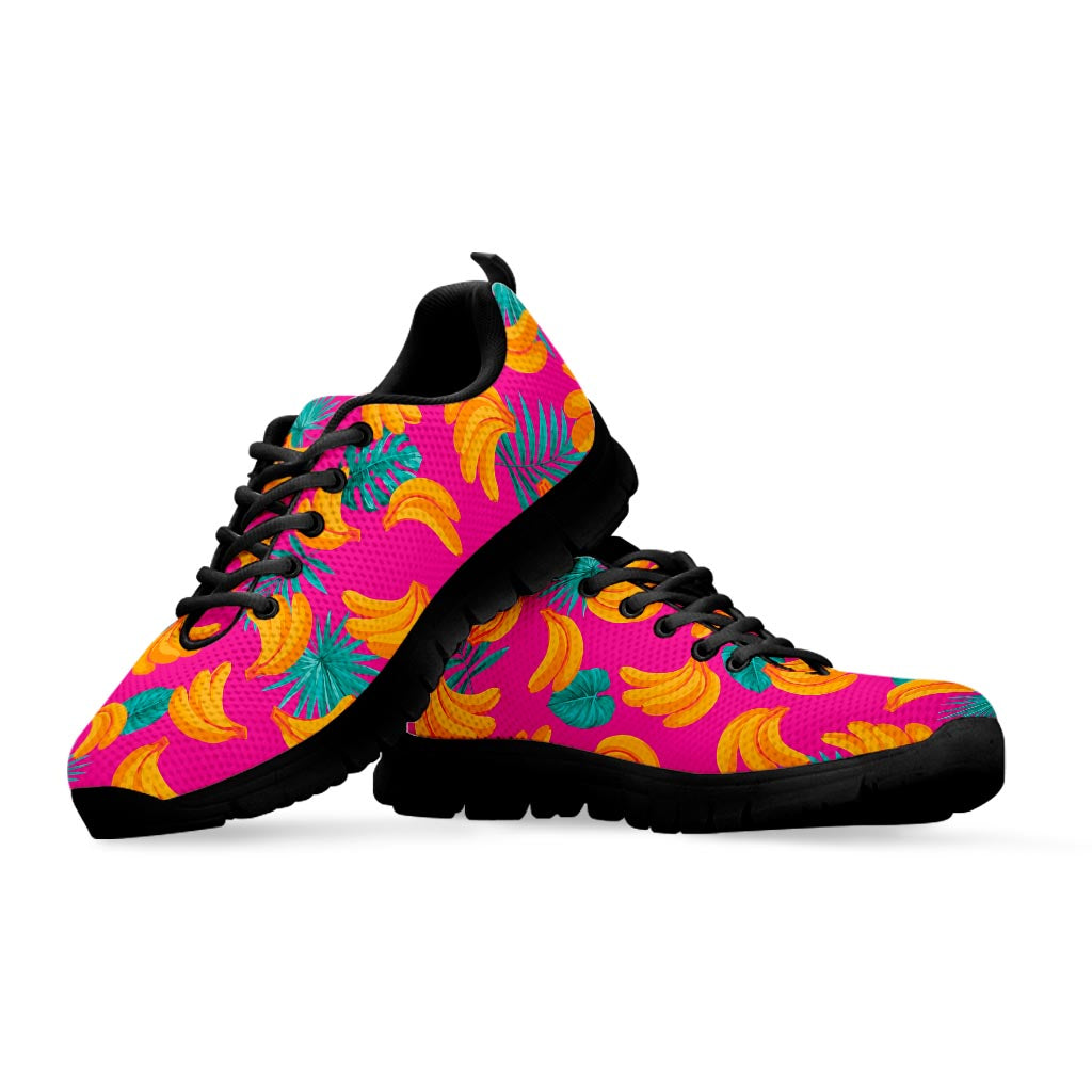 Pink Tropical Banana Pattern Print Black Running Shoes