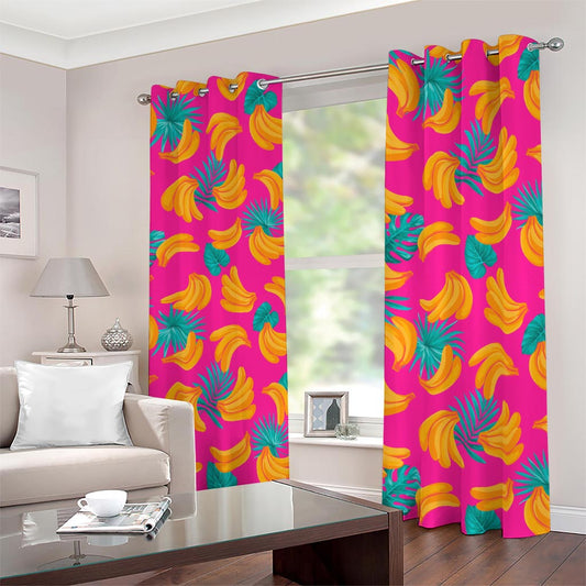 Pink Tropical Banana Pattern Print Blackout Grommet Curtains