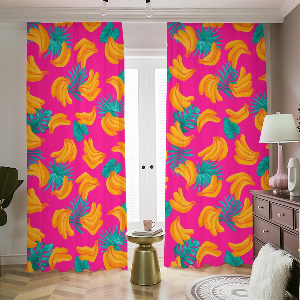 Pink Tropical Banana Pattern Print Blackout Pencil Pleat Curtains