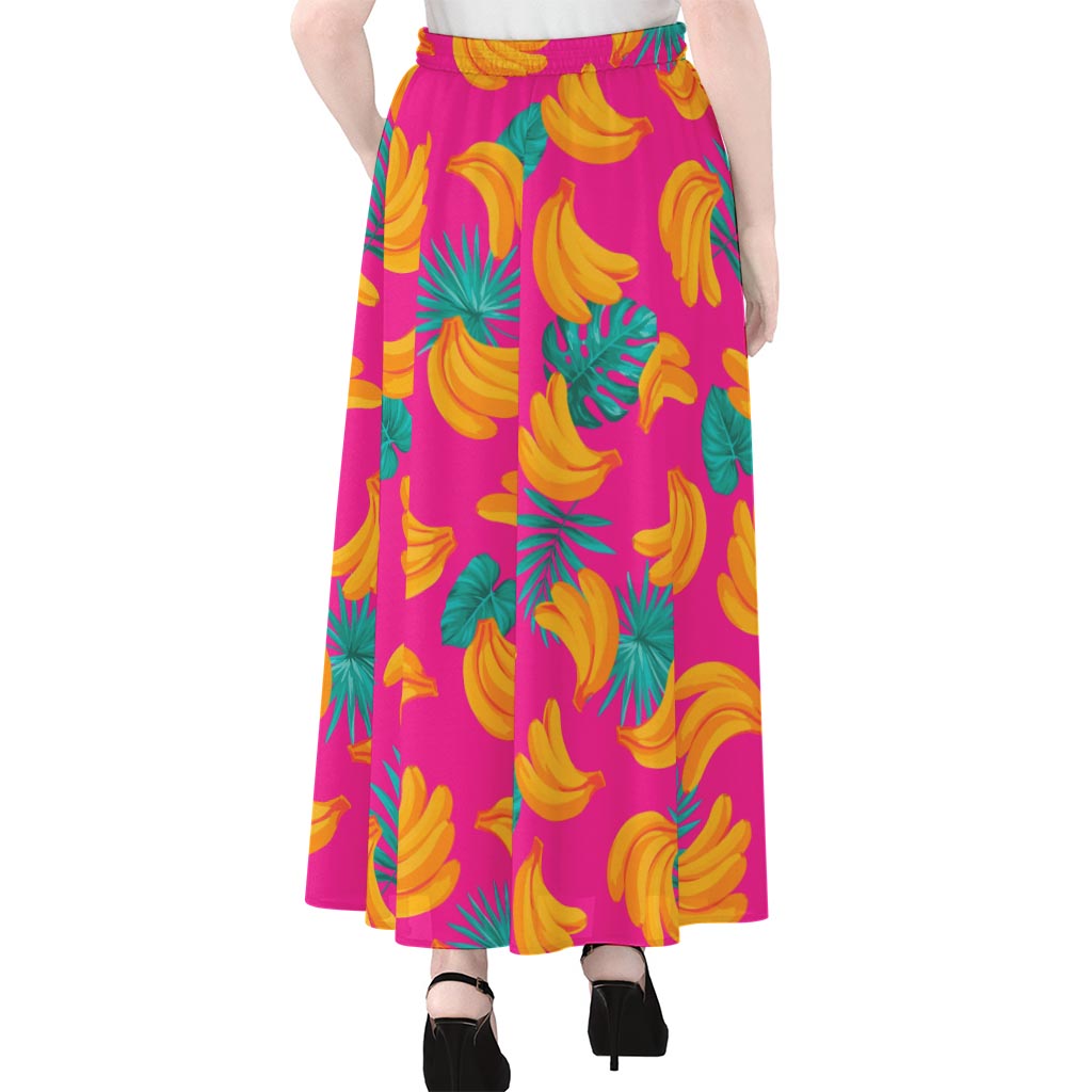 Pink Tropical Banana Pattern Print Chiffon Maxi Skirt