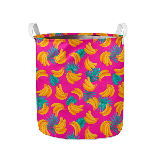 Pink Tropical Banana Pattern Print Collapsible Laundry Basket