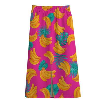 Pink Tropical Banana Pattern Print Cotton Front Slit Maxi Skirt