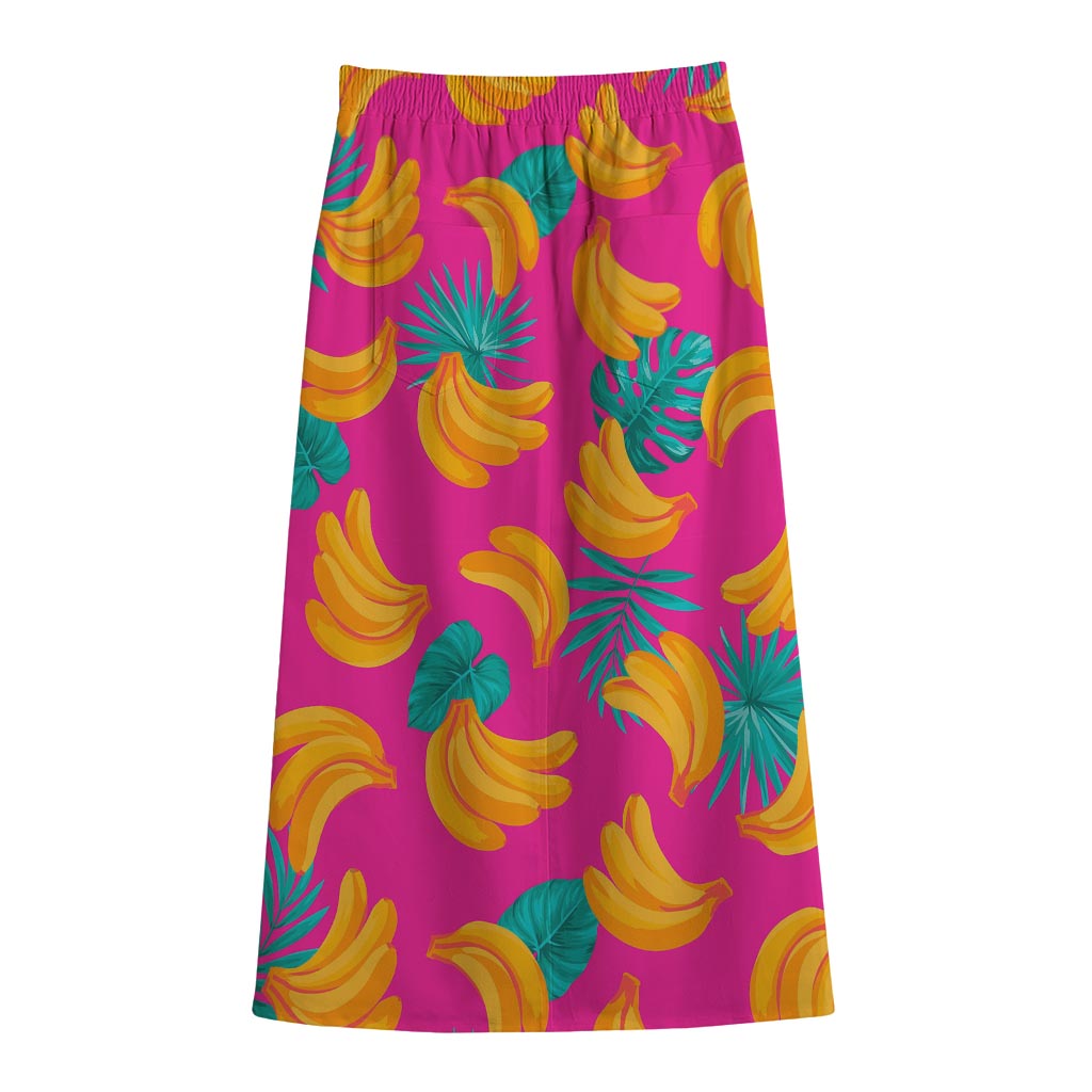 Pink Tropical Banana Pattern Print Cotton Front Slit Maxi Skirt