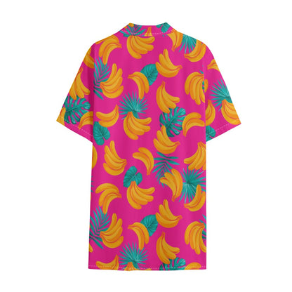 Pink Tropical Banana Pattern Print Cotton Hawaiian Shirt
