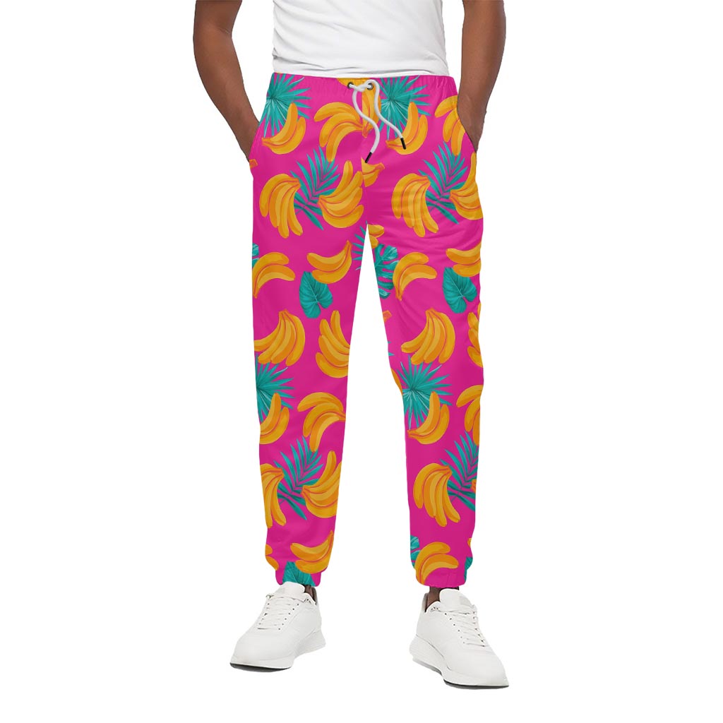 Pink Tropical Banana Pattern Print Cotton Pants