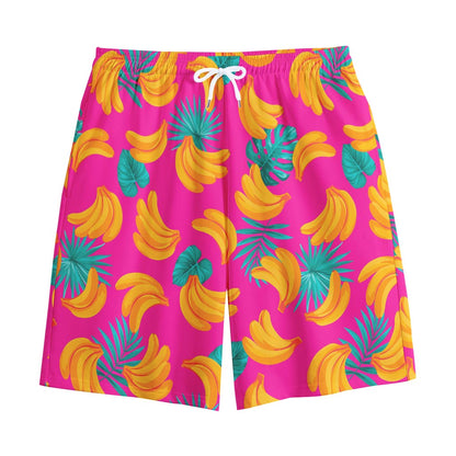 Pink Tropical Banana Pattern Print Cotton Shorts