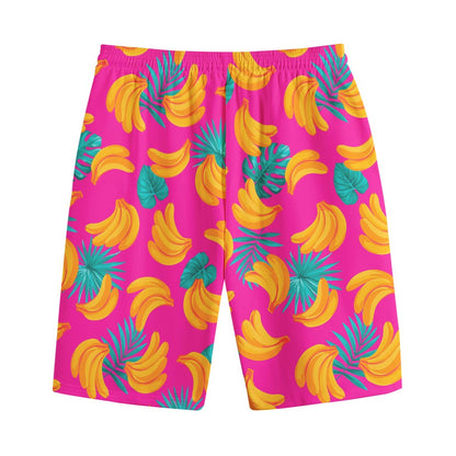 Pink Tropical Banana Pattern Print Cotton Shorts