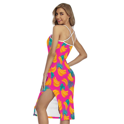 Pink Tropical Banana Pattern Print Cross Back Cami Dress