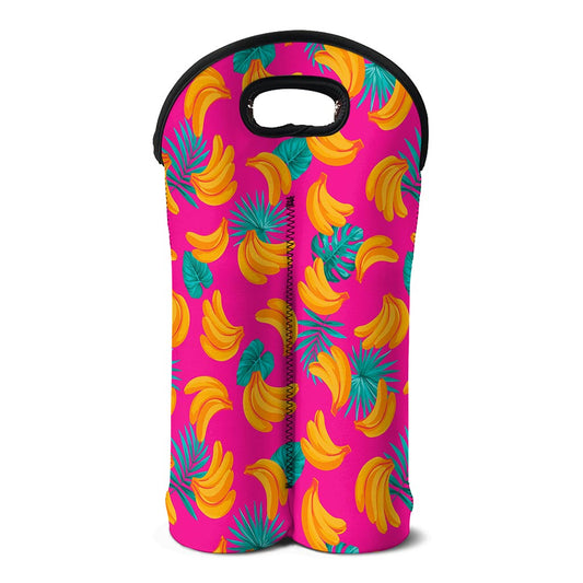 Pink Tropical Banana Pattern Print Double Neoprene Wine Tote