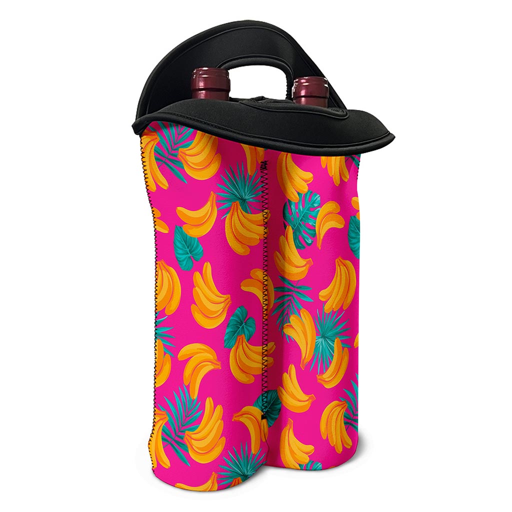 Pink Tropical Banana Pattern Print Double Neoprene Wine Tote