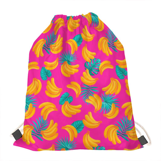 Pink Tropical Banana Pattern Print Drawstring Bag