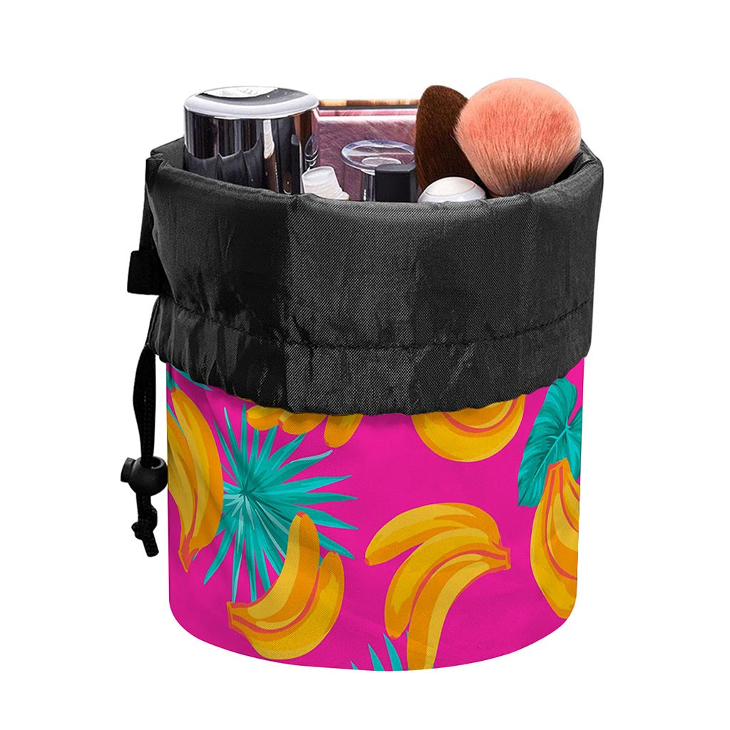 Pink Tropical Banana Pattern Print Drawstring Makeup Bag