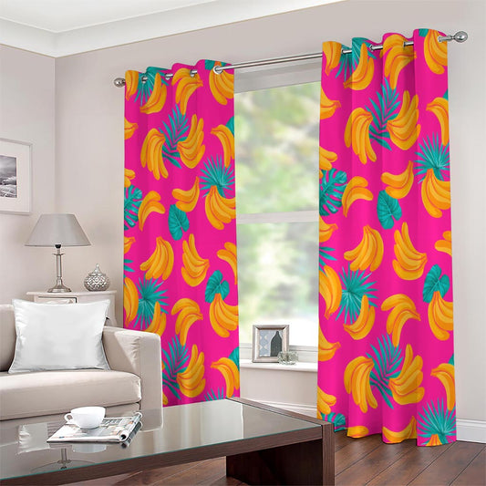 Pink Tropical Banana Pattern Print Extra Wide Grommet Curtains