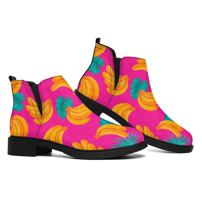 Pink Tropical Banana Pattern Print Flat Ankle Boots