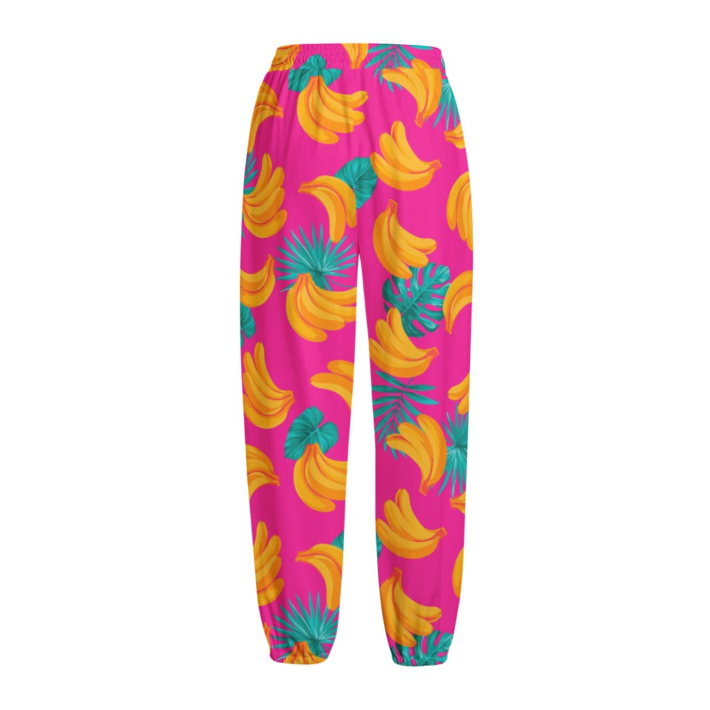 Pink Tropical Banana Pattern Print Fleece Lined Knit Pants