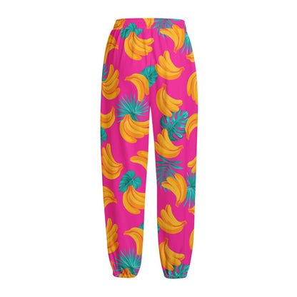 Pink Tropical Banana Pattern Print Fleece Lined Knit Pants