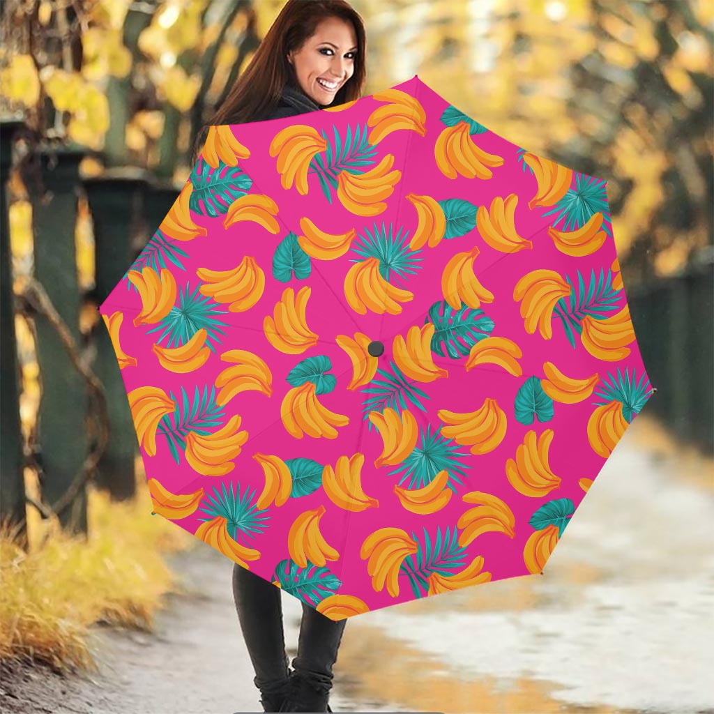 Pink Tropical Banana Pattern Print Foldable Umbrella