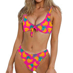 Pink Tropical Banana Pattern Print Front Bow Tie Bikini
