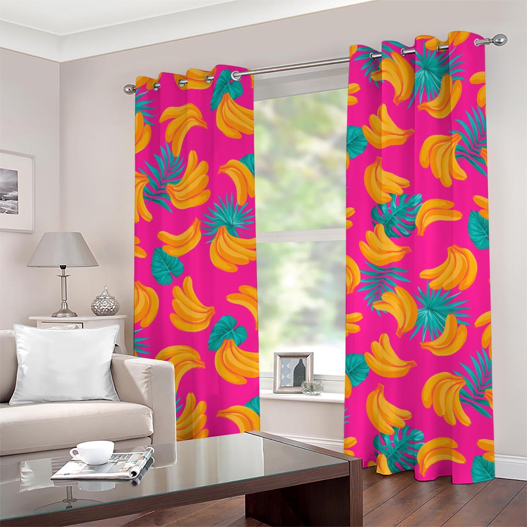 Pink Tropical Banana Pattern Print Grommet Curtains