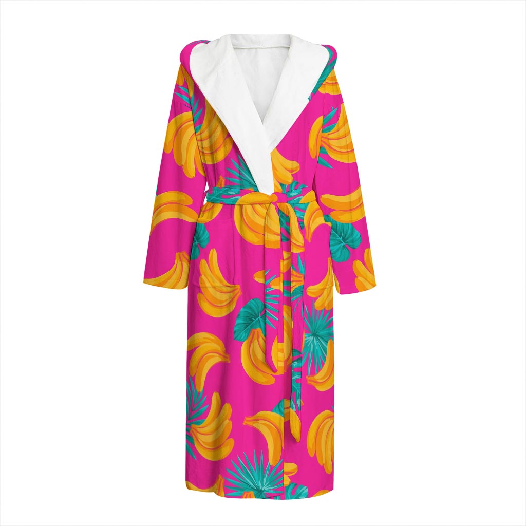 Pink Tropical Banana Pattern Print Hooded Bathrobe