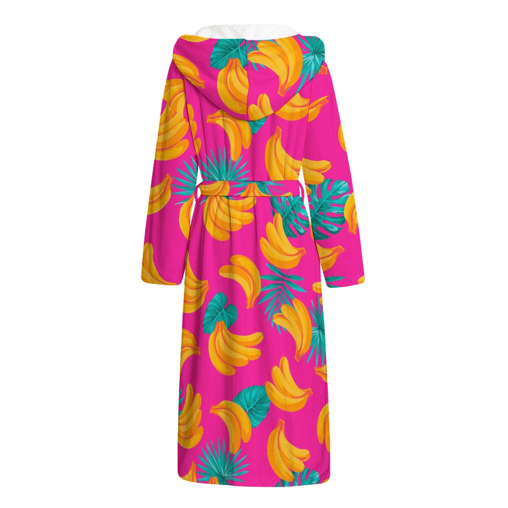 Pink Tropical Banana Pattern Print Hooded Bathrobe