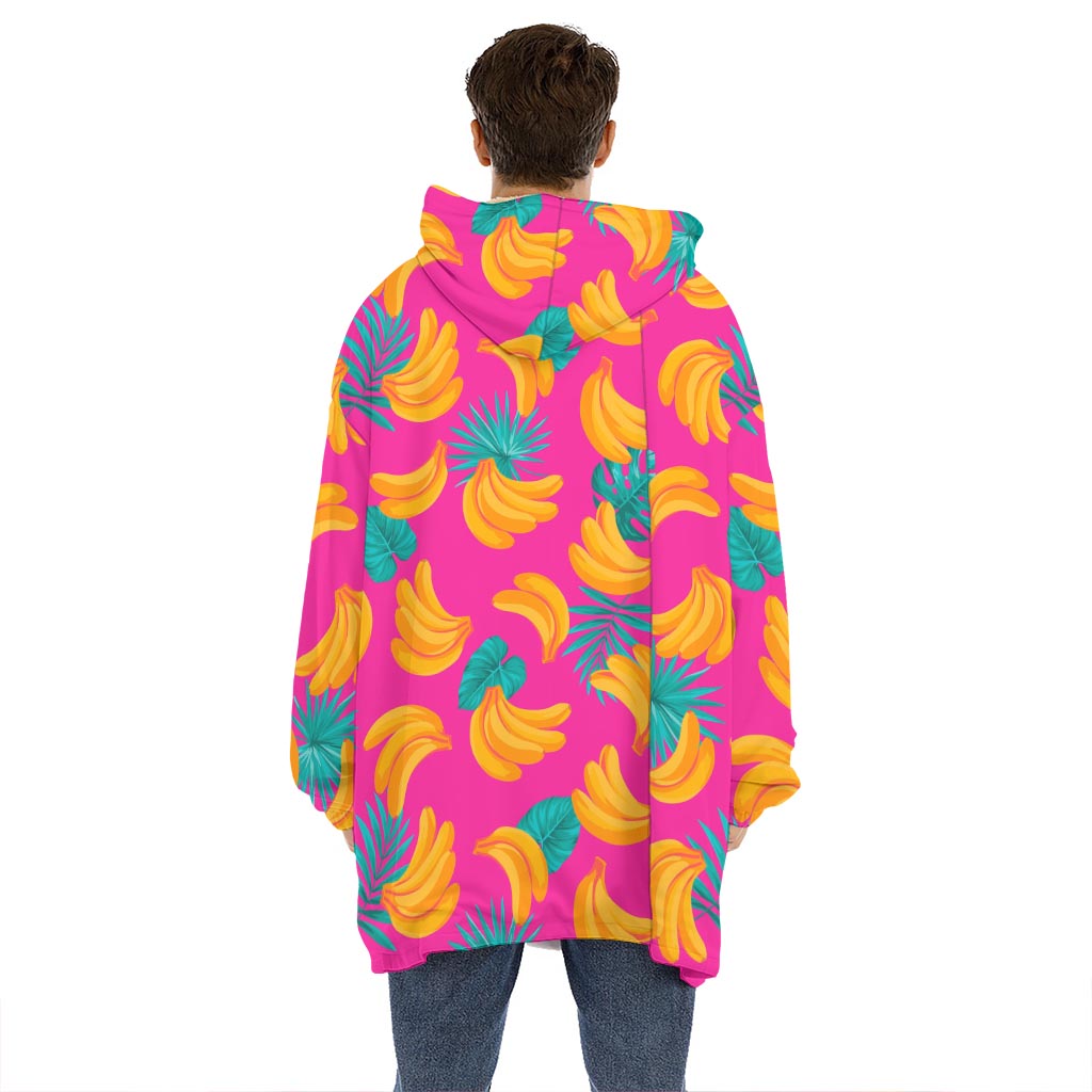Pink Tropical Banana Pattern Print Hoodie Blanket